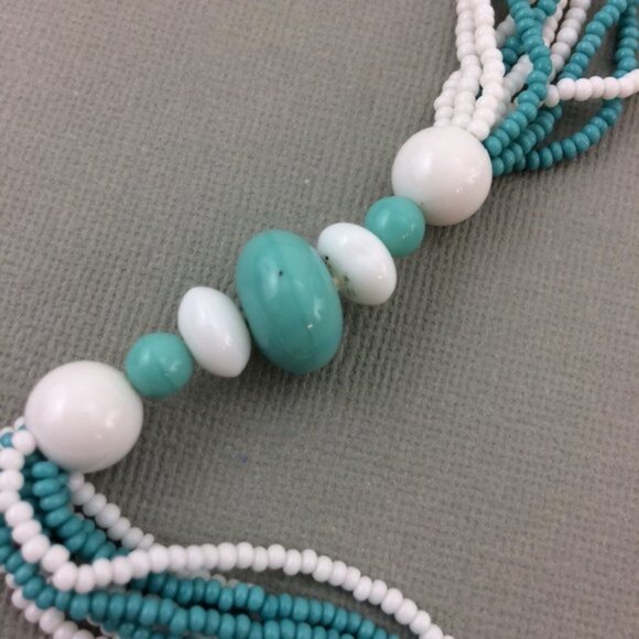 Blue and White Multi Strand Beaded Necklace with Metal Striped Bangle Bracelet - Picture 12 of 12